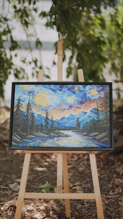 River-mountains-with-trees-stars-sky-Premium-Cosmic & Fantasy-3D Textured Wall Art | UV Embossed Canvas Wall Frame for Kids room and living room