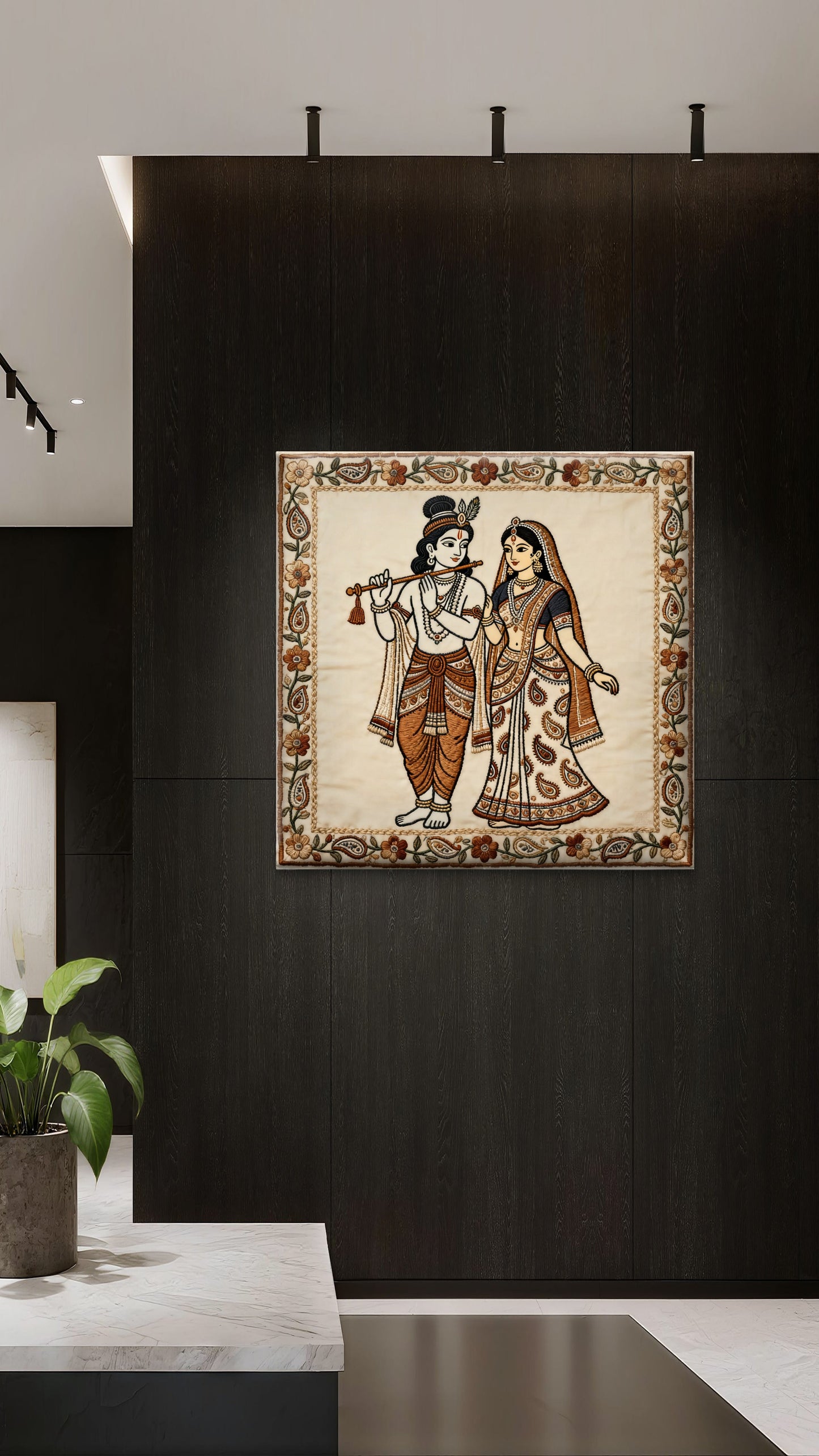 Radha-Krishna-standing-together-Luxurious-Kalamkari Art 3D Textured Wall Art | UV Printed Embossed Canvas Wall Frame for Home Decor,living Room