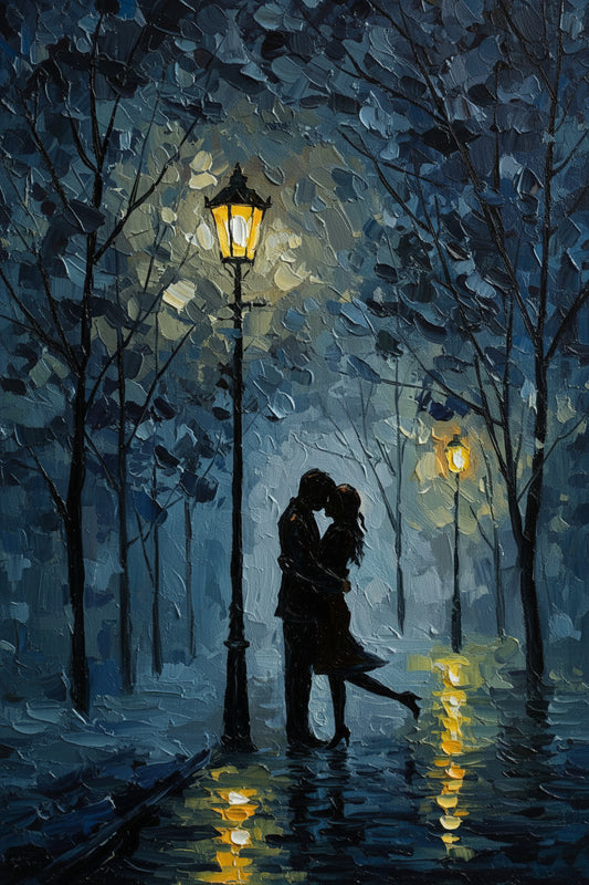 A couple embracing under streetlights on a rainy night-Luxurious-Love & Togetherness-3D Textured Wall Art | UV Embossed Canvas Wall Frame for bed room