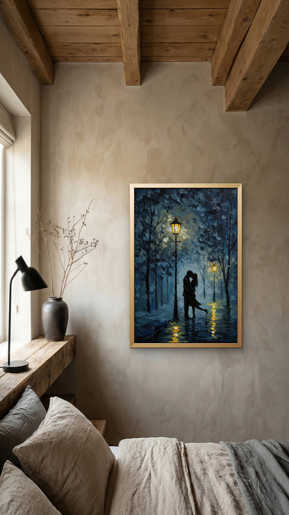 A couple embracing under streetlights on a rainy night-Luxurious-Love & Togetherness-3D Textured Wall Art | UV Embossed Canvas Wall Frame for bed room