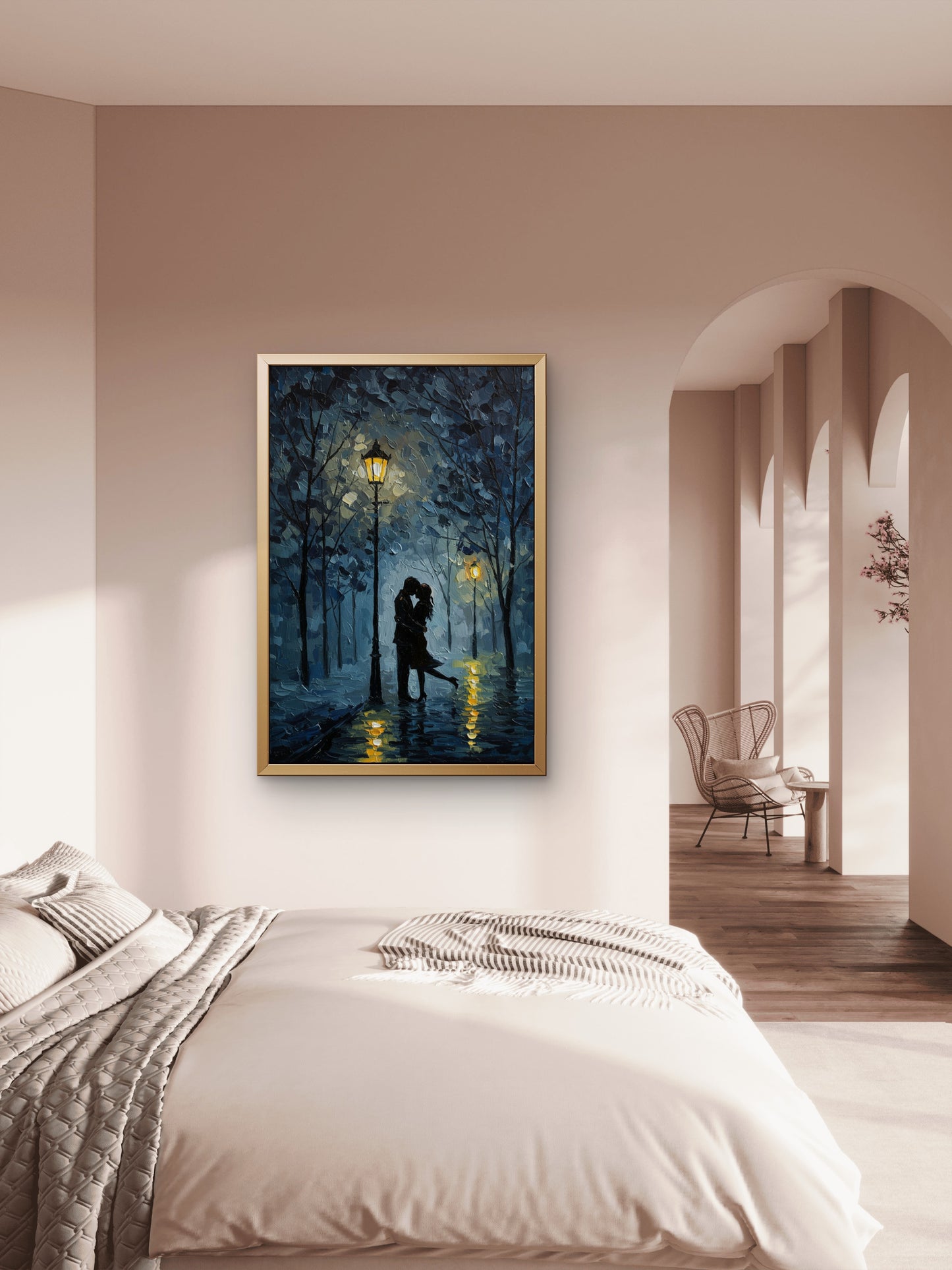 A couple embracing under streetlights on a rainy night-Luxurious-Love & Togetherness-3D Textured Wall Art | UV Embossed Canvas Wall Frame for bed room