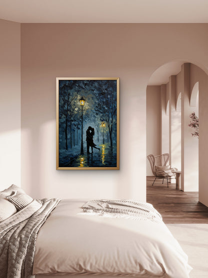 A couple embracing under streetlights on a rainy night-Luxurious-Love & Togetherness-3D Textured Wall Art | UV Embossed Canvas Wall Frame for bed room