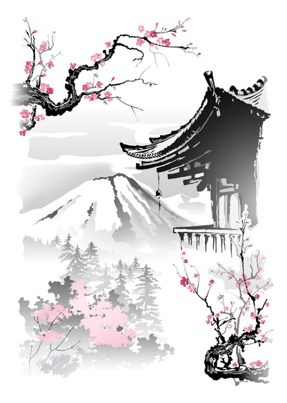 roof-pagoda-branches-sakura-Luxurious-Nature and landscape | 3D Textured Wall Art | UV Printed Embossed Canvas Wall Frame for Home Decor,Living Room
