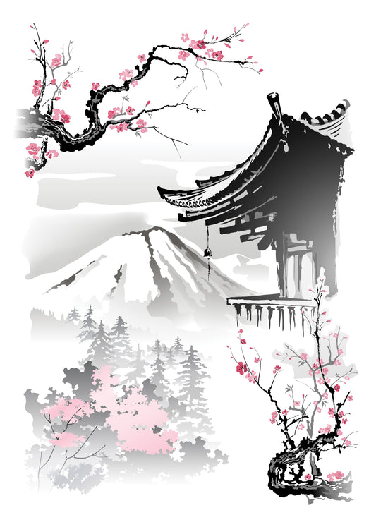 roof-pagoda-branches-sakura-Luxurious-Nature and landscape | 3D Textured Wall Art | UV Printed Embossed Canvas Wall Frame for Home Decor,Living Room