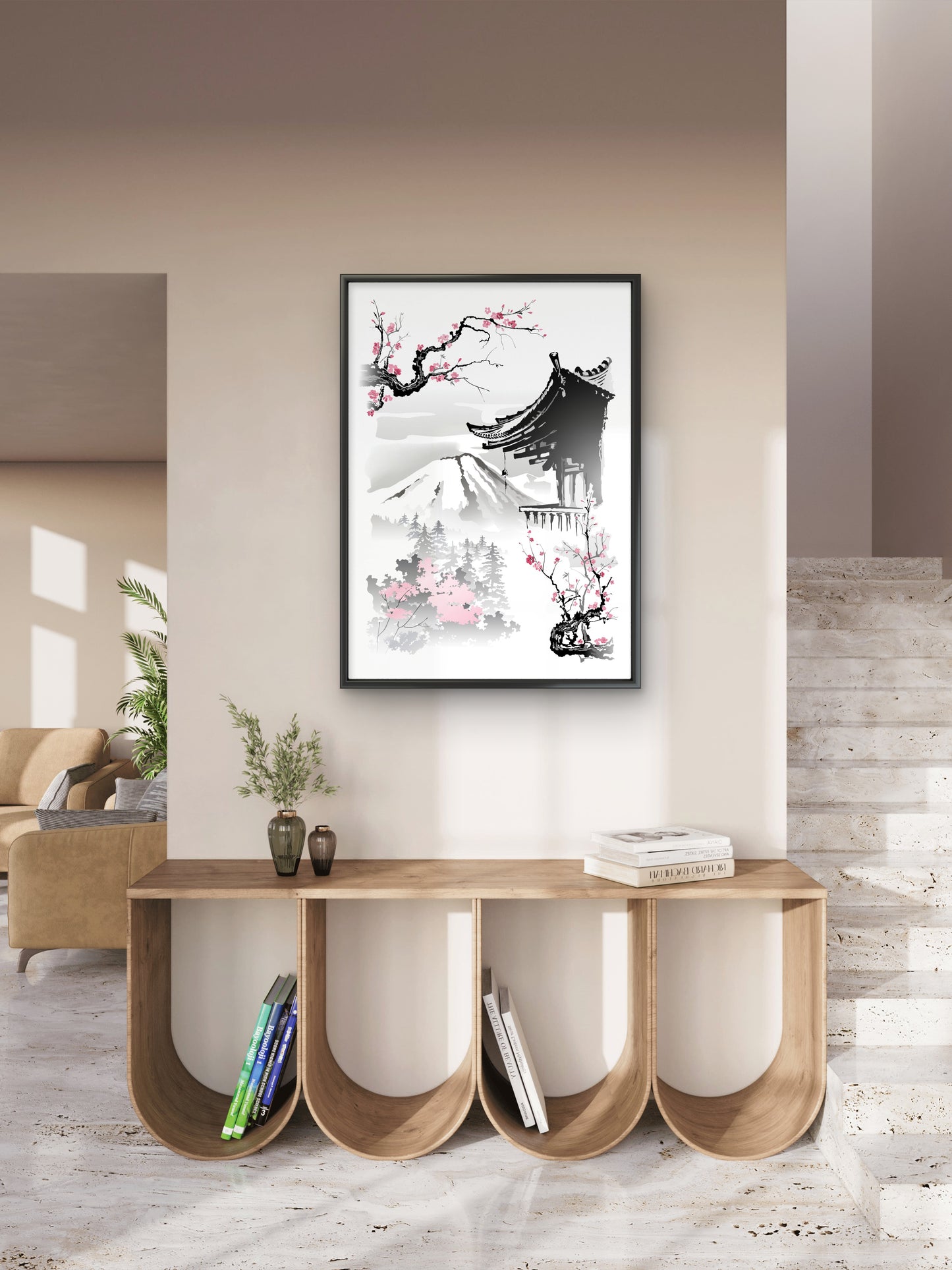 roof-pagoda-branches-sakura-Luxurious-Nature and landscape | 3D Textured Wall Art | UV Printed Embossed Canvas Wall Frame for Home Decor,Living Room