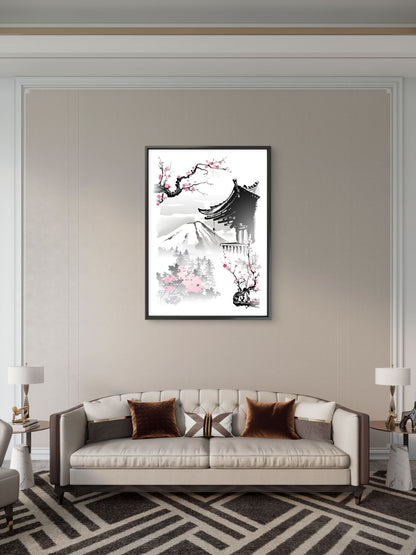 roof-pagoda-branches-sakura-Luxurious-Nature and landscape | 3D Textured Wall Art | UV Printed Embossed Canvas Wall Frame for Home Decor,Living Room