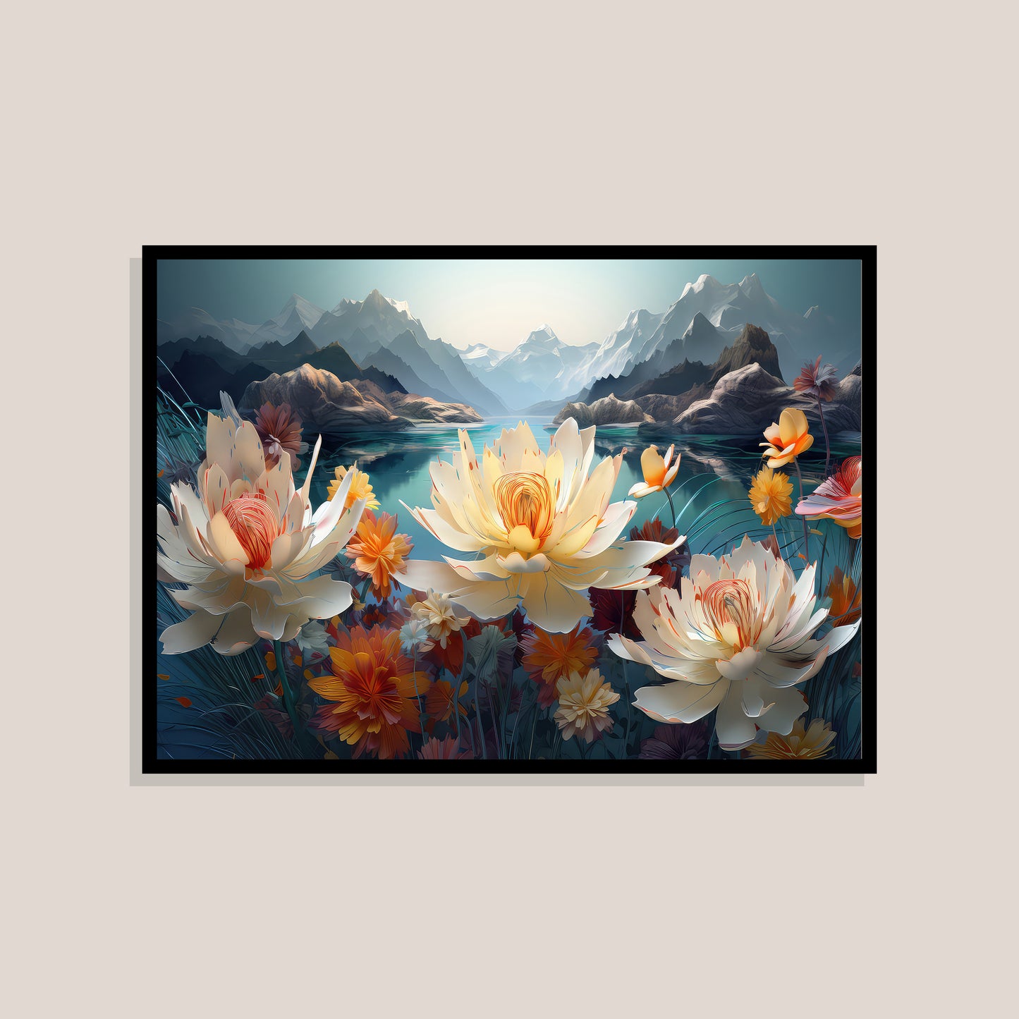 Serene-mountain-lake-landscape-with-vibrant-floral-Premium-Floral & Botanical-3D Textured Wall Art | UV Embossed Canvas Wall Frame for Living room and bed room