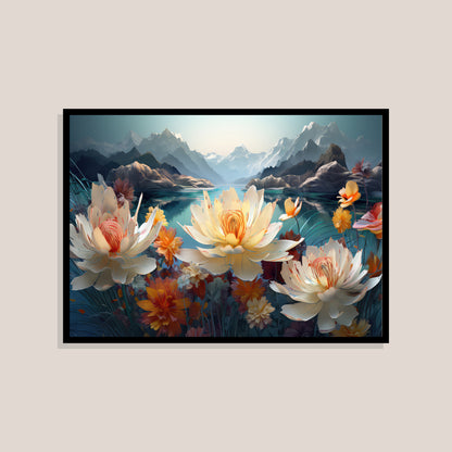 Serene-mountain-lake-landscape-with-vibrant-floral-Premium-Floral & Botanical-3D Textured Wall Art | UV Embossed Canvas Wall Frame for Living room and bed room