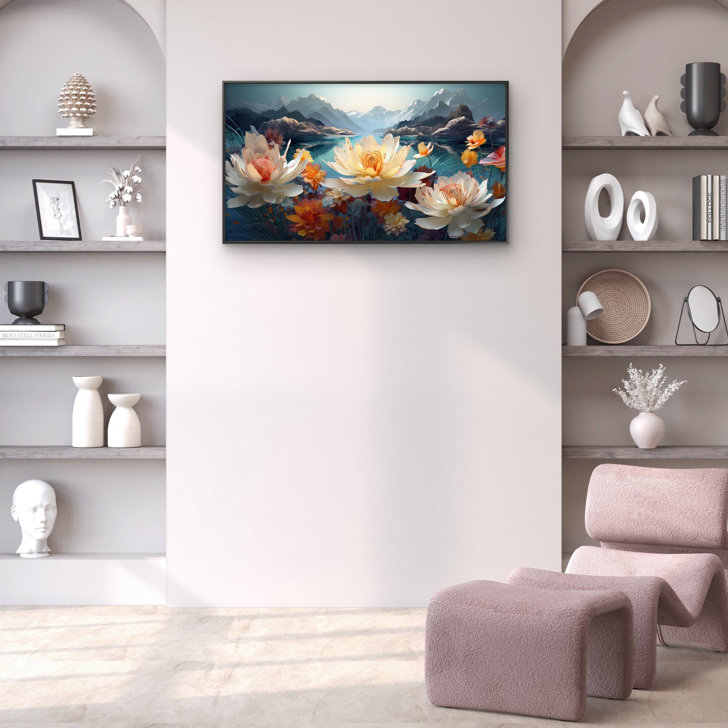 Serene-mountain-lake-landscape-with-vibrant-floral-Premium-Floral & Botanical-3D Textured Wall Art | UV Embossed Canvas Wall Frame for Living room and bed room