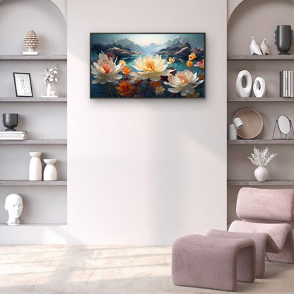Serene-mountain-lake-landscape-with-vibrant-floral-Premium-Floral & Botanical-3D Textured Wall Art | UV Embossed Canvas Wall Frame for Living room and bed room