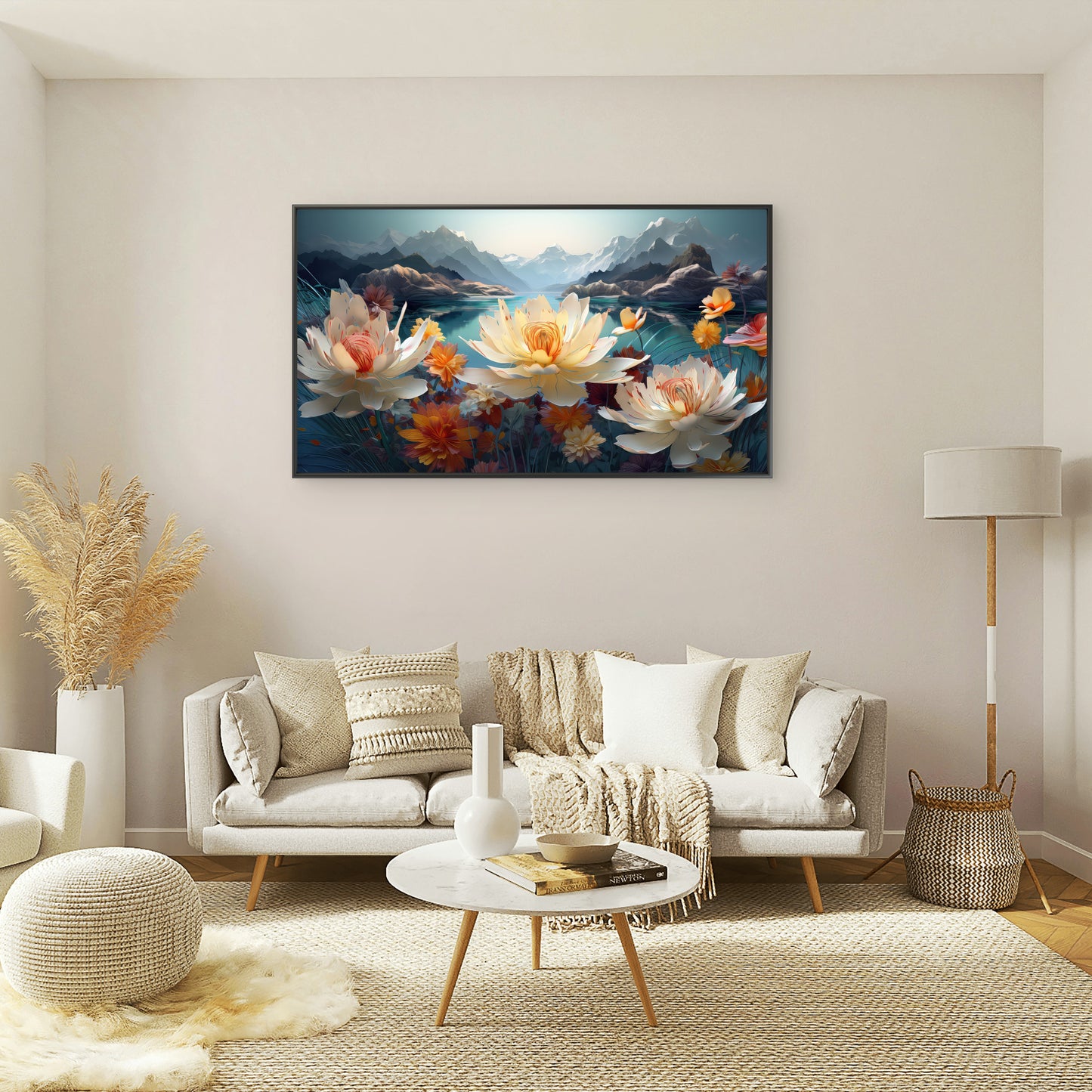Serene-mountain-lake-landscape-with-vibrant-floral-Premium-Floral & Botanical-3D Textured Wall Art | UV Embossed Canvas Wall Frame for Living room and bed room