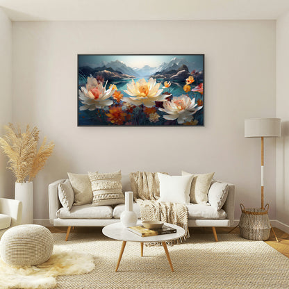 Serene-mountain-lake-landscape-with-vibrant-floral-Premium-Floral & Botanical-3D Textured Wall Art | UV Embossed Canvas Wall Frame for Living room and bed room