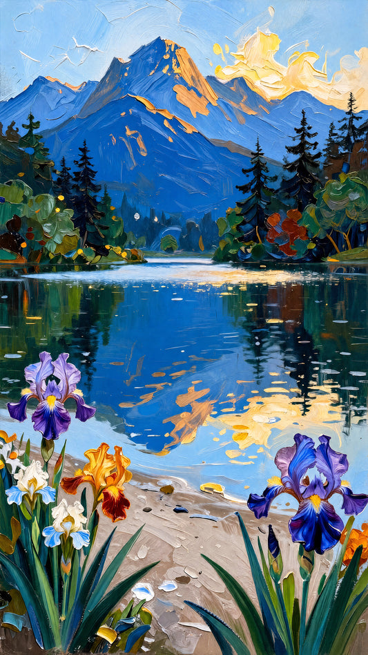serene_alpine_lake_irises_impasto_art Luxurious-Floral & Botanical -3D Textured Wall Art | UV Embossed Canvas Wall Frame for Home decor