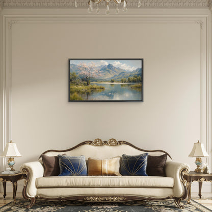 serene_blooming_tree_lakefront_landscape Luxurious-Nature & Landscapes-3D Textured Wall Art | UV Embossed Canvas Wall Frame for Home decor