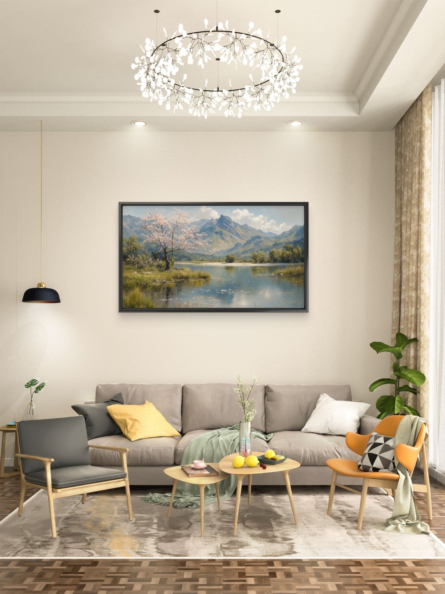 serene_blooming_tree_lakefront_landscape Luxurious-Nature & Landscapes-3D Textured Wall Art | UV Embossed Canvas Wall Frame for Home decor