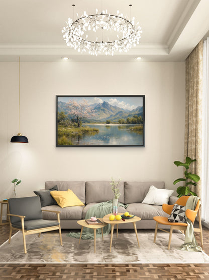 serene_blooming_tree_lakefront_landscape Luxurious-Nature & Landscapes-3D Textured Wall Art | UV Embossed Canvas Wall Frame for Home decor