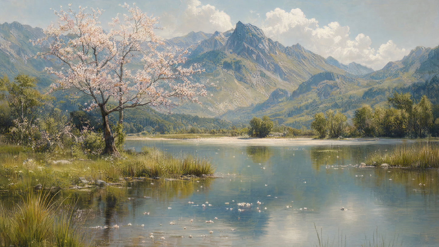 serene_blooming_tree_lakefront_landscape Luxurious-Nature & Landscapes-3D Textured Wall Art | UV Embossed Canvas Wall Frame for Home decor