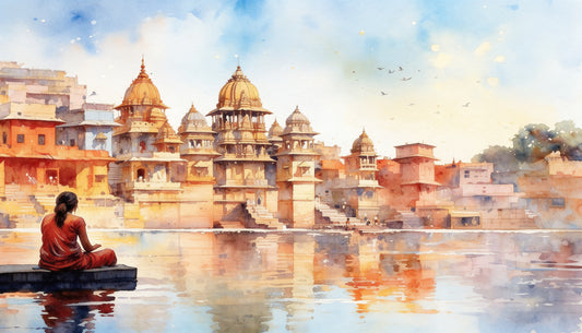serene_varanasi_temple_reflection_landscape -Luxurious - Culture, Heritage & Folk Art-3D Textured Wall Art | UV Embossed Canvas Wall Frame for Home decor