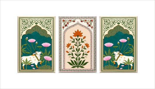 set of 3 pichwai cow-luxury-3D Textured Wall Art | UV Embossed Canvas Wall Frame for Home decor