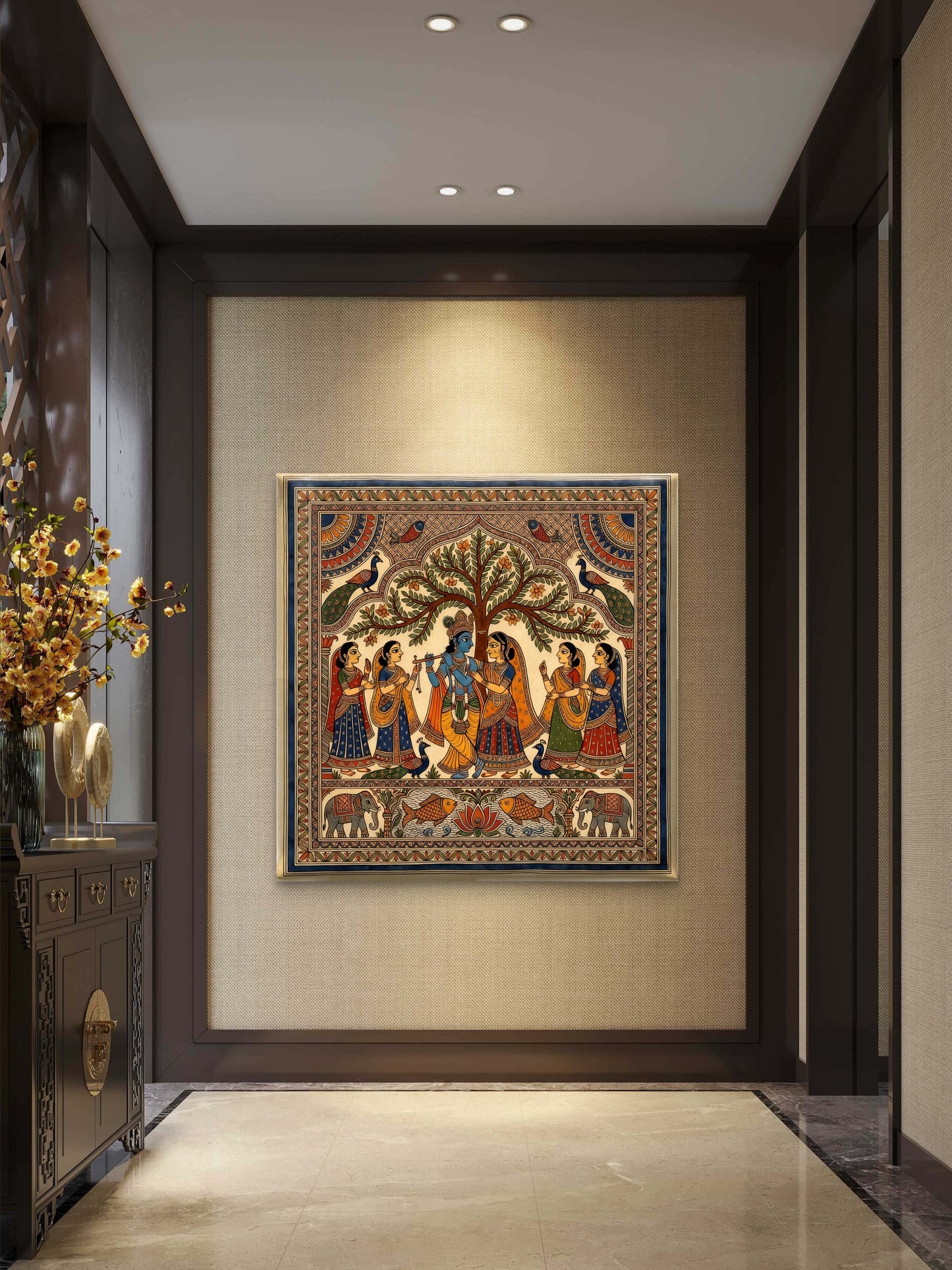 Shri Krishna art-Luxurious-Indian Culture &  Folk Art 3D Textured Wall Art | UV Printed Embossed Canvas Wall Frame for Home Decor,living Room