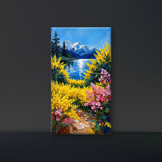 snowy_mountains_lake_yellow_pink_flowers Luxurious-Floral & Botanical -3D Textured Wall Art | UV Embossed Canvas Wall Frame for Home decor