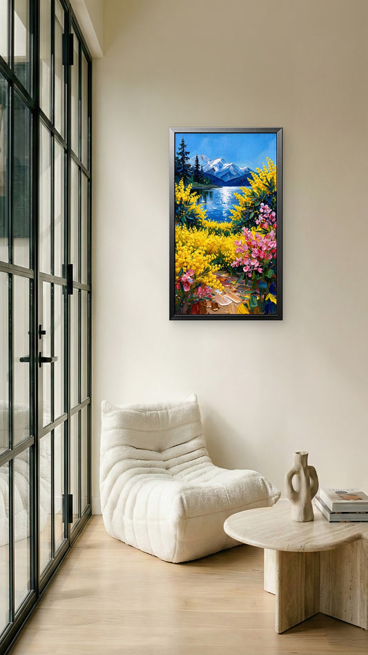 snowy_mountains_lake_yellow_pink_flowers Luxurious-Floral & Botanical -3D Textured Wall Art | UV Embossed Canvas Wall Frame for Home decor