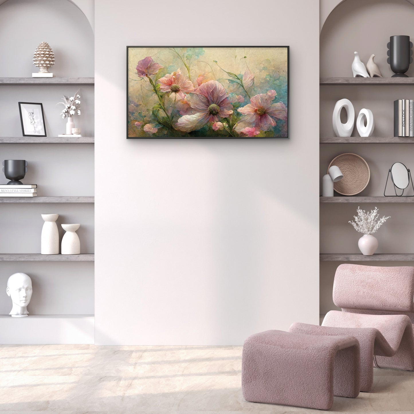 soft pink blossoms and delicate wildflowers-Premium-Floral & Botanical-3D Textured Wall Art | UV Embossed Canvas Wall Frame for home decor and bed room