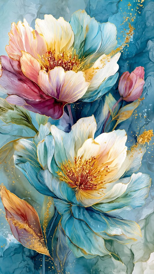 Teal_pink_blooms_gold_leaf Luxurious-Floral & Botanical -3D Textured Wall Art | UV Embossed Canvas Wall Frame for Home decor