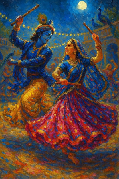 the Hindu deities Radha and Krishna dancing together-Luxurious-Spiritual & Mindful 3D Textured Wall Art | UV Printed Embossed Canvas Wall Frame for Prayer room ,Meditation Space