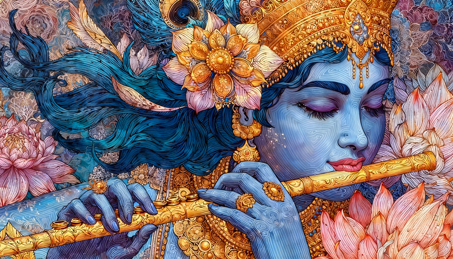Lord Krishna playing his flute-Luxurious-Spiritual & Mindful 3D Textured Wall Art | UV Printed Embossed Canvas Wall Frame for Prayer room ,Meditation Space