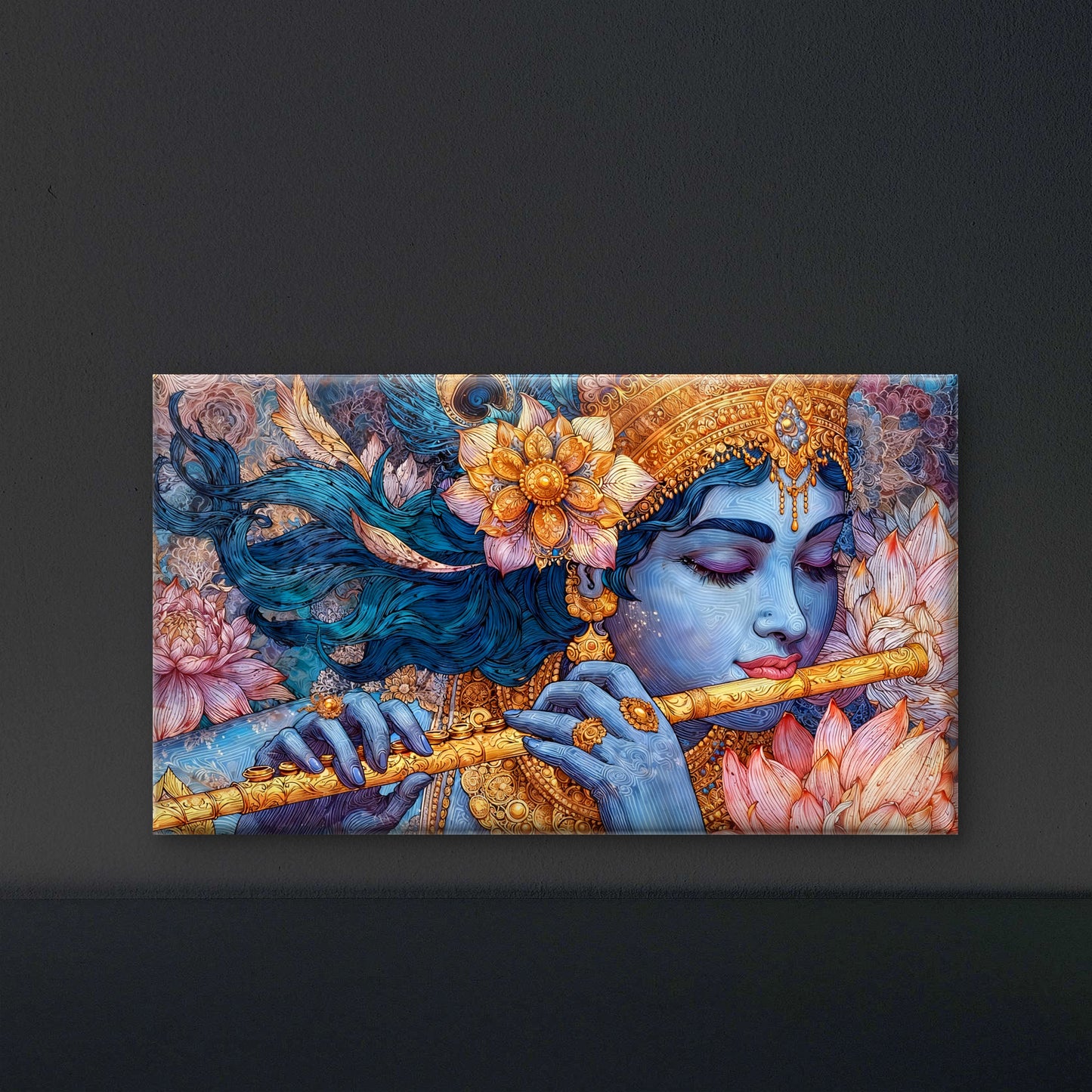 Lord Krishna playing his flute-Luxurious-Spiritual & Mindful 3D Textured Wall Art | UV Printed Embossed Canvas Wall Frame for Prayer room ,Meditation Space