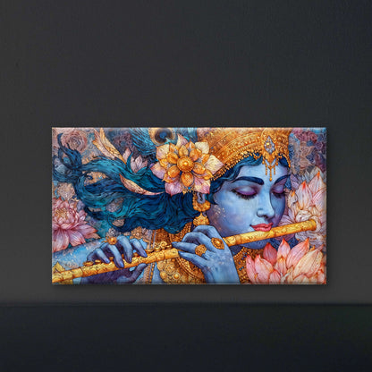 Lord Krishna playing his flute-Luxurious-Spiritual & Mindful 3D Textured Wall Art | UV Printed Embossed Canvas Wall Frame for Prayer room ,Meditation Space