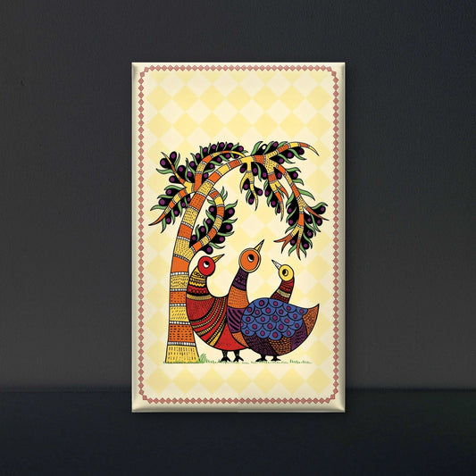 three-intricately-patterned-birds-gathered-Luxurious-Indian Culture &  Folk Art 3D Textured Wall Art | UV Printed Embossed Canvas Wall Frame for Home Decor,living Room