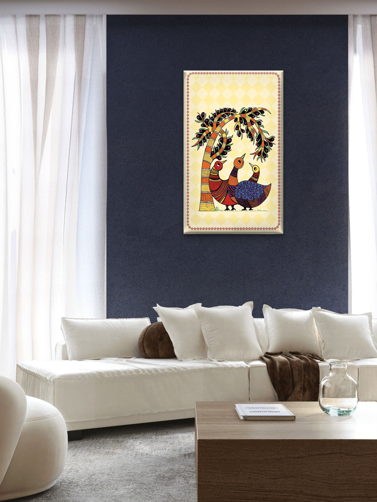three-intricately-patterned-birds-gathered-Luxurious-Indian Culture &  Folk Art 3D Textured Wall Art | UV Printed Embossed Canvas Wall Frame for Home Decor,living Room
