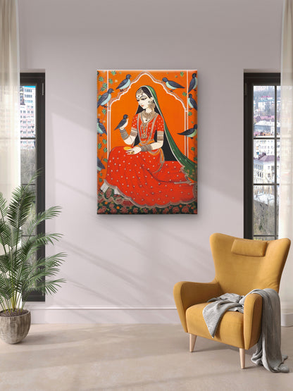 traditional-indian-miniature-of-a-seated-woman-Luxurious-Indian Culture &  Folk Art 3D Textured Wall Art | UV Printed Embossed Canvas Wall Frame for Home Decor,living Room
