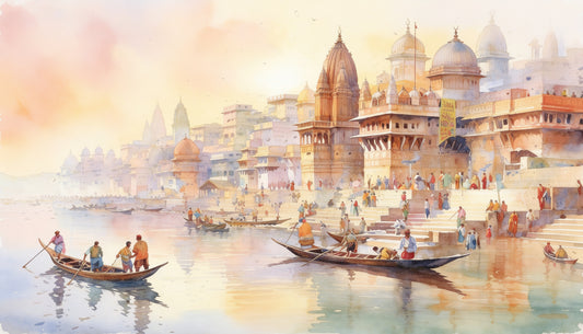 varanasi_ghats_boats_sunrise_watercolor_art -Luxurious - Culture, Heritage & Folk Art-3D Textured Wall Art | UV Embossed Canvas Wall Frame for Home decor