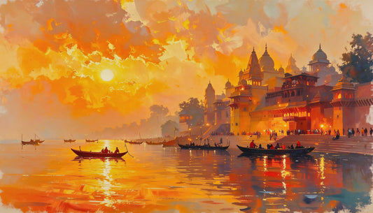 varanasi_ghats_sunset_art -Luxurious - Culture, Heritage & Folk Art-3D Textured Wall Art | UV Embossed Canvas Wall Frame for Home decor