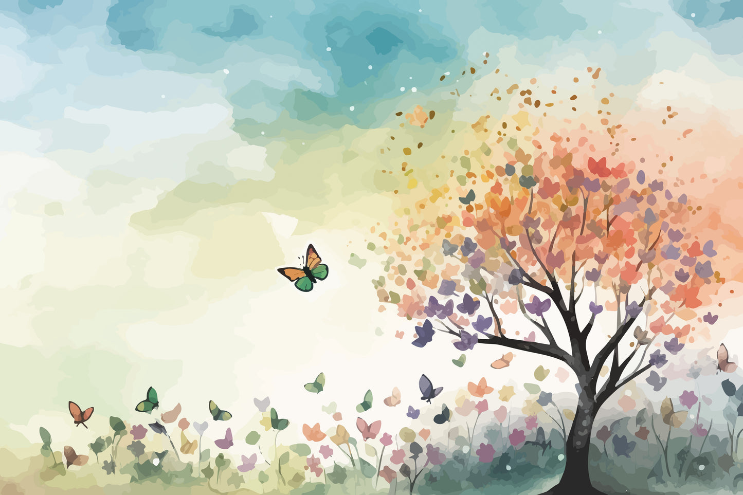 Color leaves Trees With flying Butterfly and grass Premium-Floral & Botanical-3D Textured Wall Art | UV Embossed Canvas Wall Frame for home decor and bed room