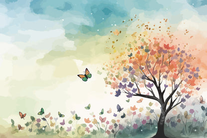Color leaves Trees With flying Butterfly and grass Premium-Floral & Botanical-3D Textured Wall Art | UV Embossed Canvas Wall Frame for home decor and bed room