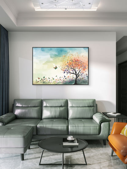 Color leaves Trees With flying Butterfly and grass Premium-Floral & Botanical-3D Textured Wall Art | UV Embossed Canvas Wall Frame for home decor and bed room