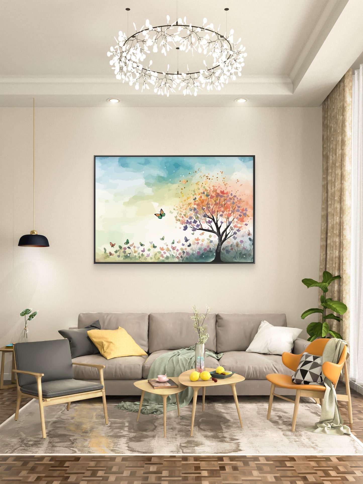 Color leaves Trees With flying Butterfly and grass Premium-Floral & Botanical-3D Textured Wall Art | UV Embossed Canvas Wall Frame for home decor and bed room
