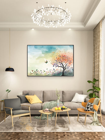 Color leaves Trees With flying Butterfly and grass Premium-Floral & Botanical-3D Textured Wall Art | UV Embossed Canvas Wall Frame for home decor and bed room