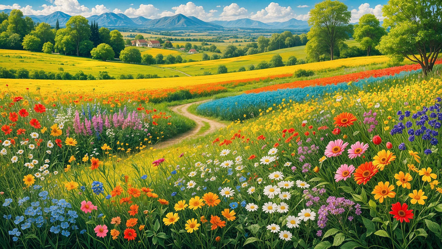vibrant_blooming_meadow_countryside Luxurious-Nature & Landscapes-3D Textured Wall Art | UV Embossed Canvas Wall Frame for Home decor