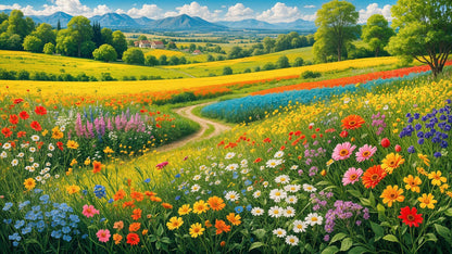 vibrant_blooming_meadow_countryside Luxurious-Nature & Landscapes-3D Textured Wall Art | UV Embossed Canvas Wall Frame for Home decor