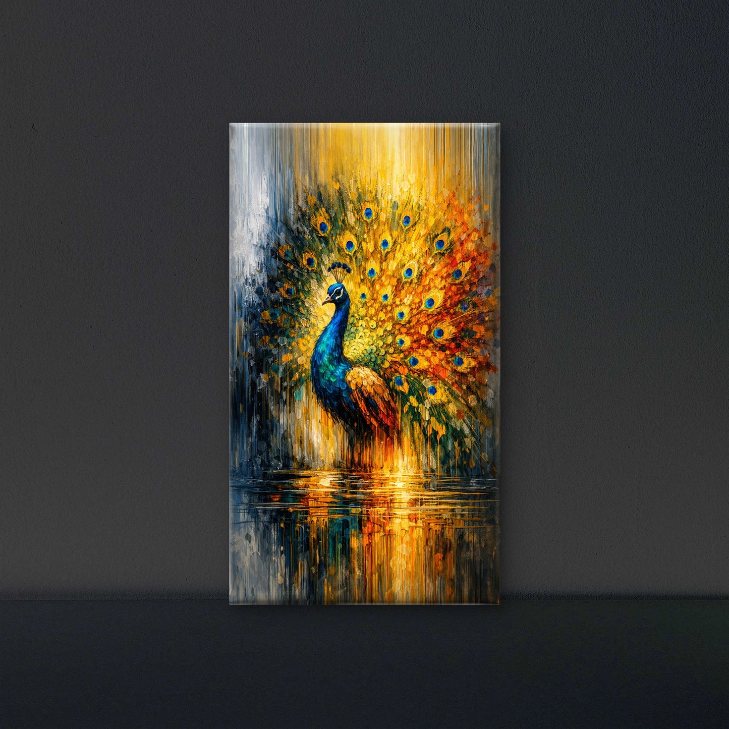 vibrant_peacock_water_reflection-Wild life & animal -3D Textured Wall Art | UV Embossed Canvas Wall Frame for Home decor