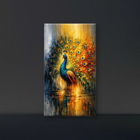 vibrant_peacock_water_reflection-Wild life & animal -3D Textured Wall Art | UV Embossed Canvas Wall Frame for Home decor
