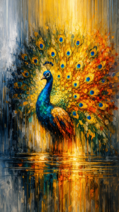 vibrant_peacock_water_reflection-Wild life & animal -3D Textured Wall Art | UV Embossed Canvas Wall Frame for Home decor