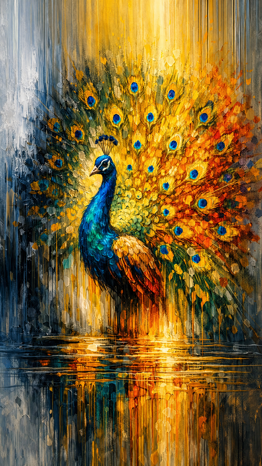vibrant_peacock_water_reflection-Wild life & animal -3D Textured Wall Art | UV Embossed Canvas Wall Frame for Home decor
