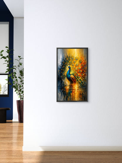 vibrant_peacock_water_reflection-Wild life & animal -3D Textured Wall Art | UV Embossed Canvas Wall Frame for Home decor
