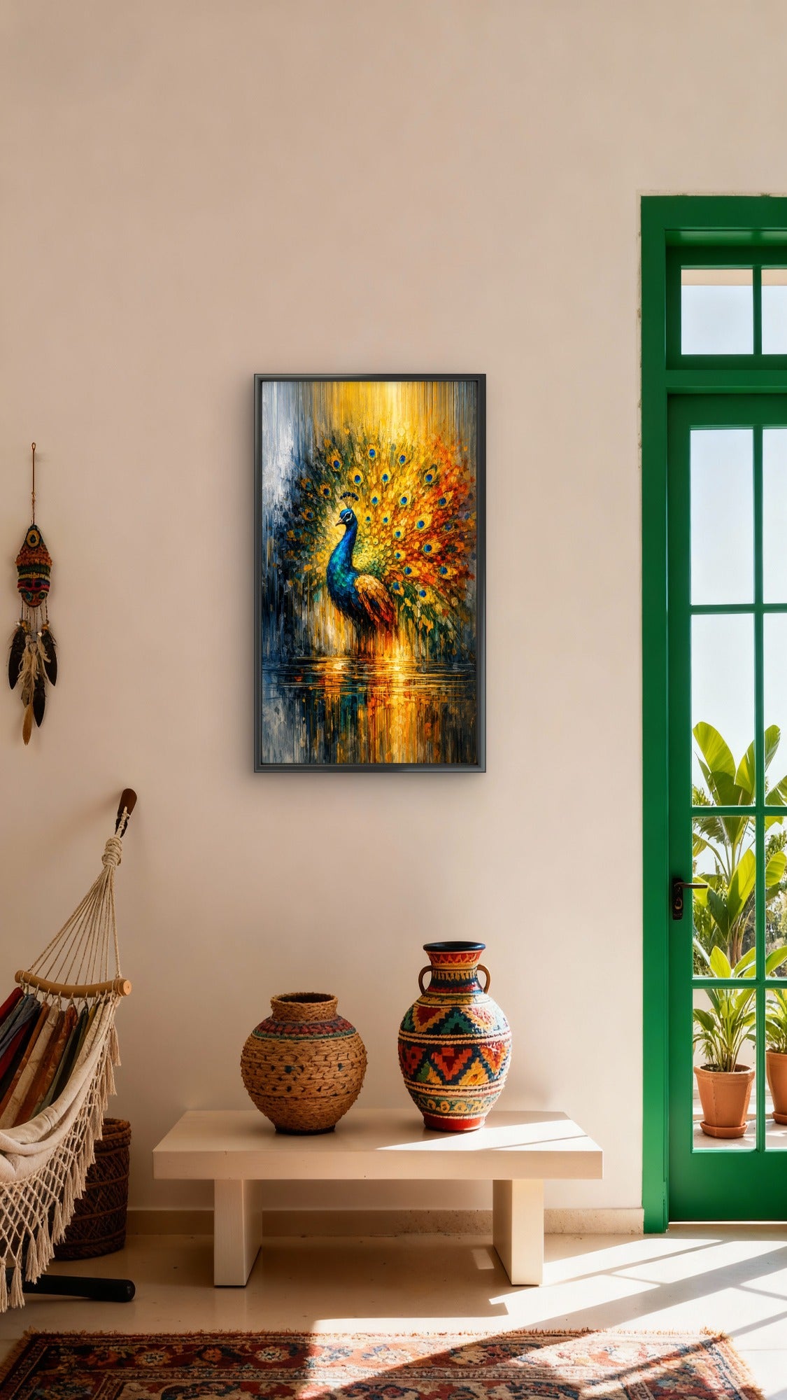 vibrant_peacock_water_reflection-Wild life & animal -3D Textured Wall Art | UV Embossed Canvas Wall Frame for Home decor